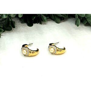 Gold-Tone Faux Pearl and Rhinestone Stud Earrings